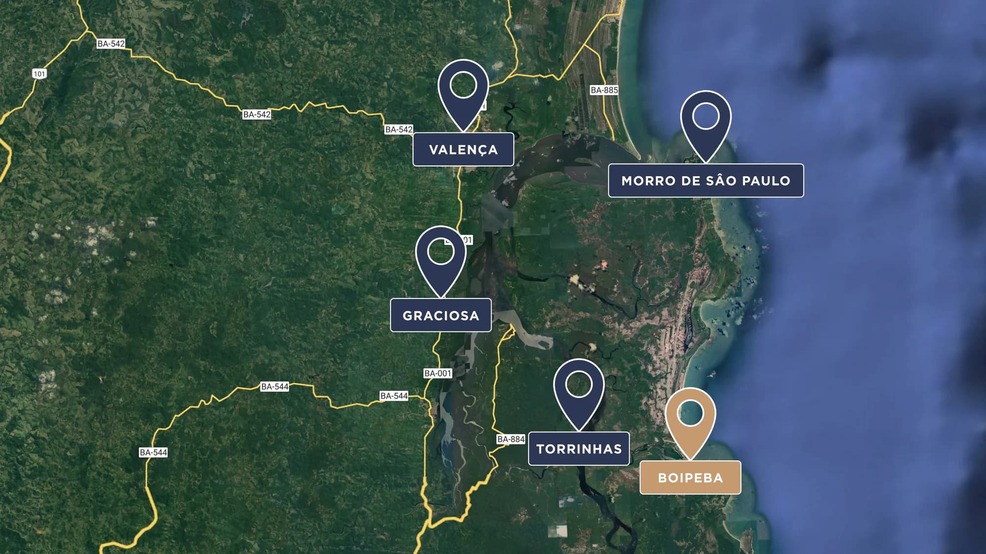 Mapa com a localização de Valença, Graciosa, Torrinhas, Morro de São Paulo e Boipeba