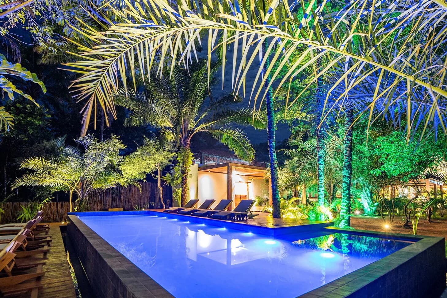 Piscina de borda infinita iluminada entre o jardim tropical do Colibri